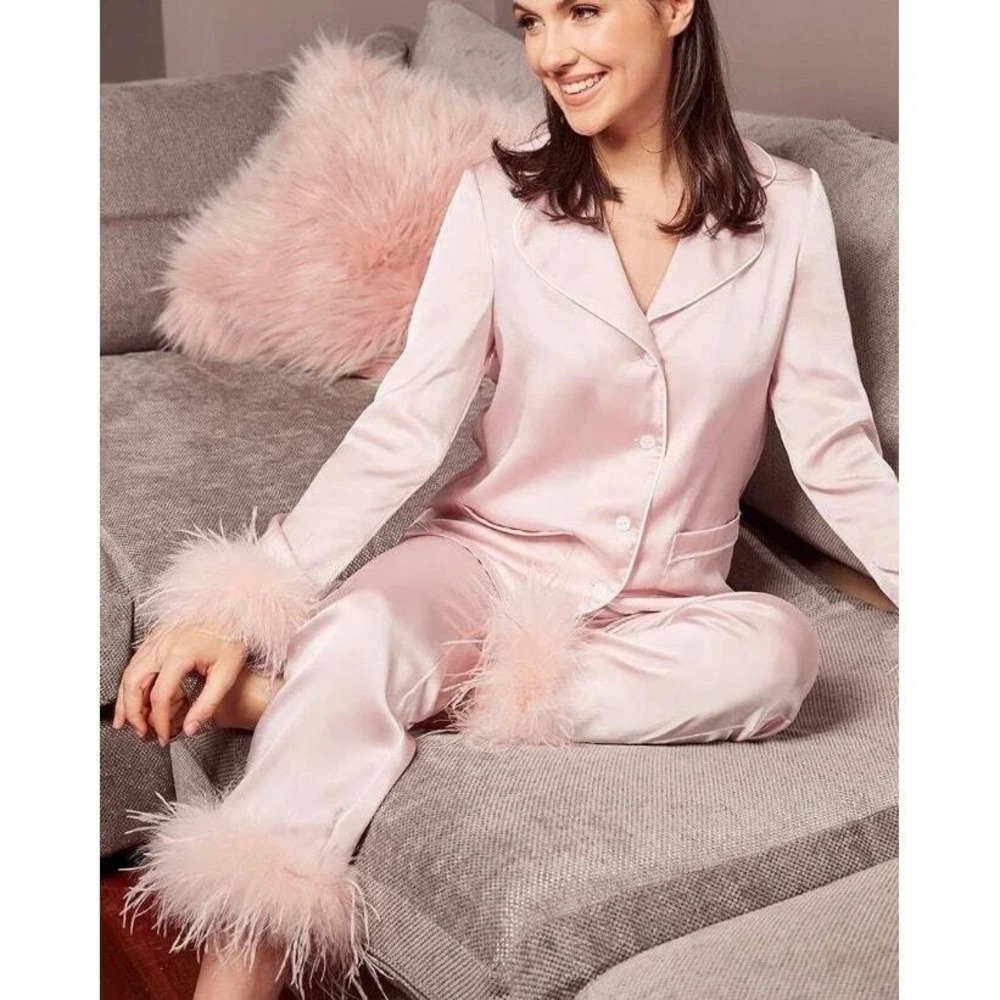 Nadine Merabi Darcie Pink Pajamas size XL fur trimmed satin lounge luxury silk